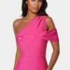 bebe1357_fuschia_4_5b887514-7c7b-448f-b9ea-e42426b93691 Asymmetrical High Slit Bandage Midi Dress