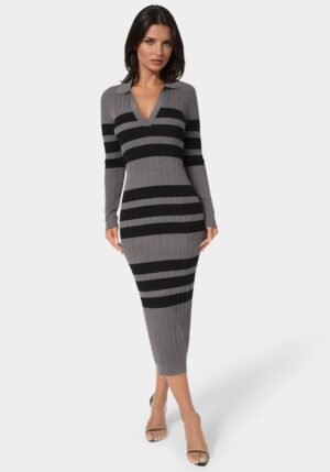 bebe1603_charcoal-black_1_0d35b941-4620-4406-ac3e-72fa24eb5d69 Long Sleeve Collared Striped Knit Dress