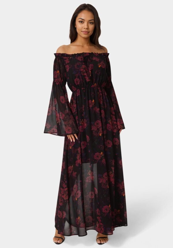 bebe2151_dark-red_1_767f1f0e-d4ab-45c1-b8a0-a81defad1862 Off the Shoulder Bell Sleeve Maxi Dress