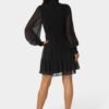 Long Sleeve Mock Neck Chifon Smocked Mini Dress