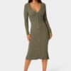bebe2165_olive_1_62100b6c-9831-406a-bae8-644d58e601c1 Button Front V-Neck Sweater Midi Dress
