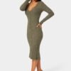 bebe2165_olive_2_ea5872ee-d83d-4c21-bbbc-796bba7e124c Button Front V-Neck Sweater Midi Dress